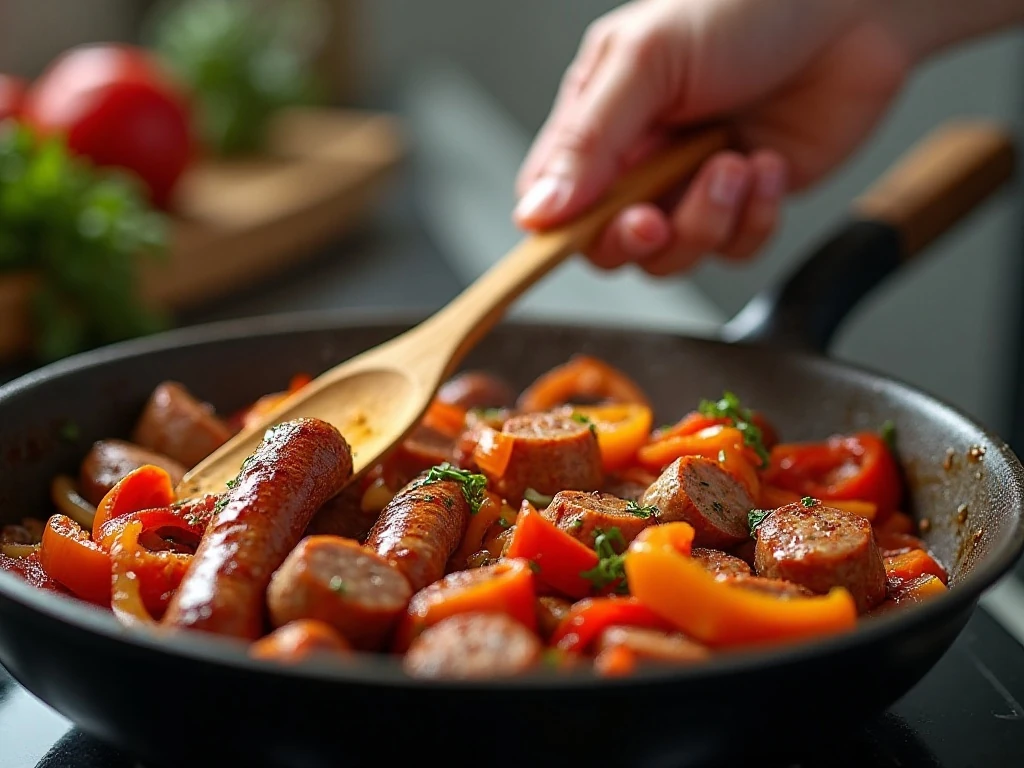 Cooking sausage peppers and onions in one skillet