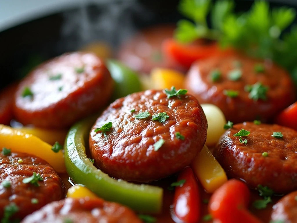 Close-up of sausage peppers onions and fresh parsley