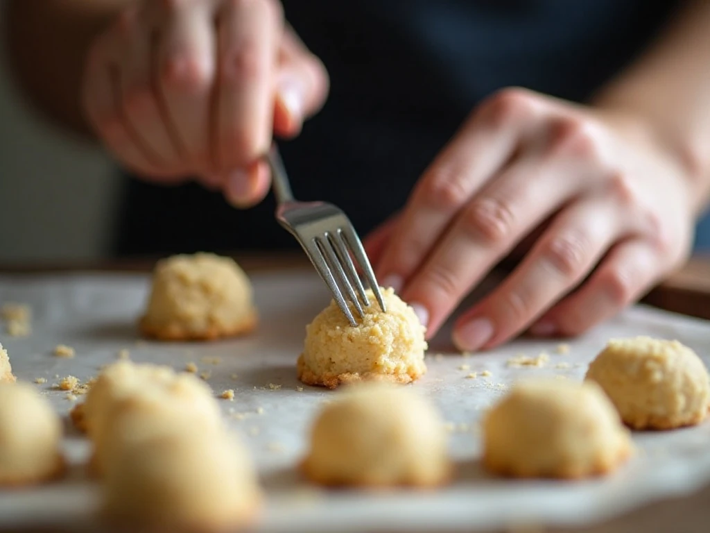 Flattening low-carb shortbread cookie dough with a fork
