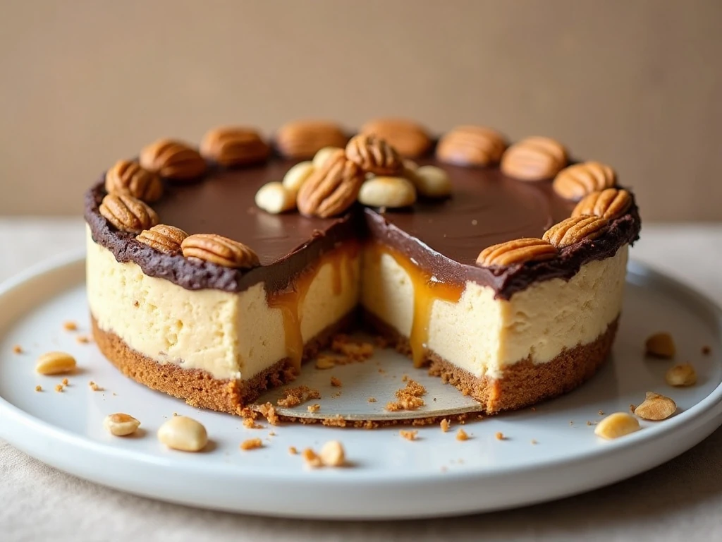 Slice of low-carb Snickers pie showing creamy peanut-butter filling, caramel, peanuts, and chocolate