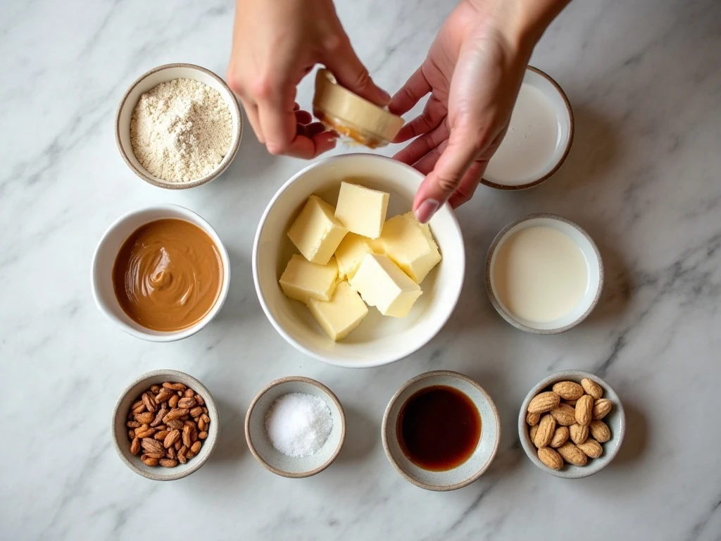 Ingredients for low-carb Snickers pie arranged for preparation