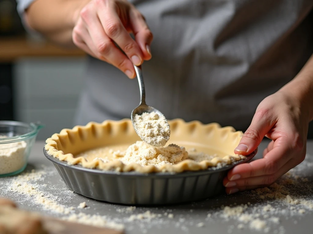 Almond-flour crust being pressed into a pie dish