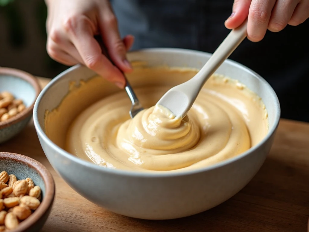 Peanut-butter cheesecake filling being folded with whipped cream