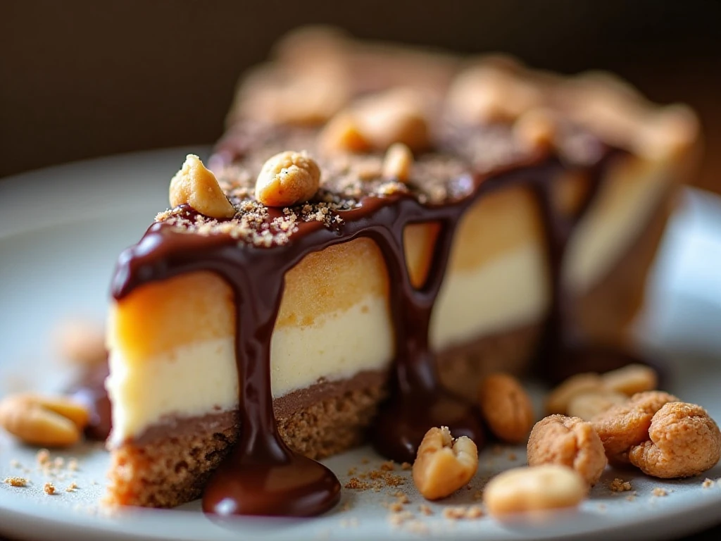 Close-up slice of low-carb Snickers pie with chocolate, caramel, and peanuts