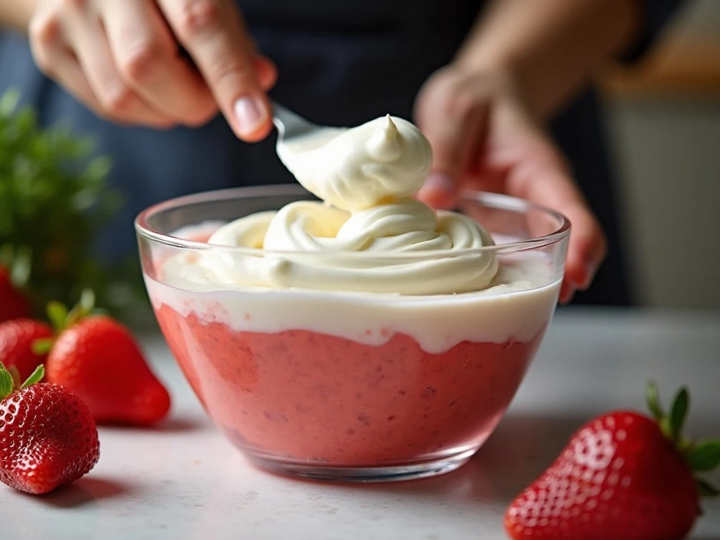 Folding whipped cream into strawberry cream pie filling