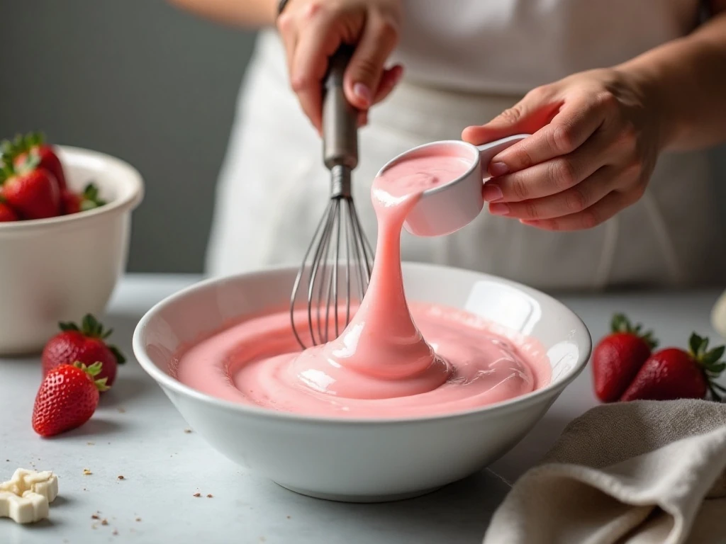Mixing cooled strawberry gelatin with cream cheese