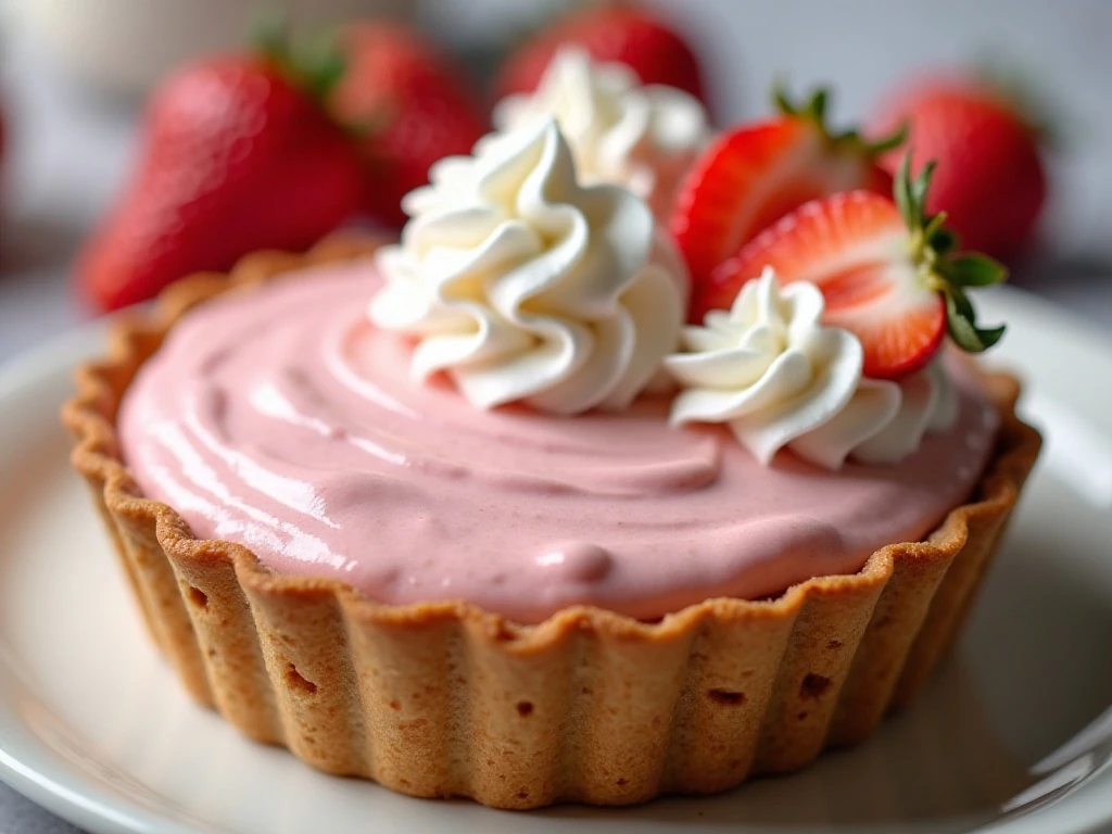 Whipped cream and strawberry garnish on low-carb pie