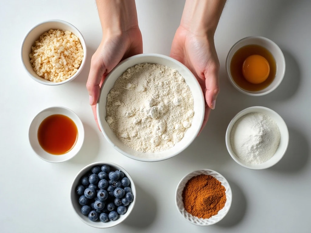 Ingredients for blueberry muffins with toasted coconut