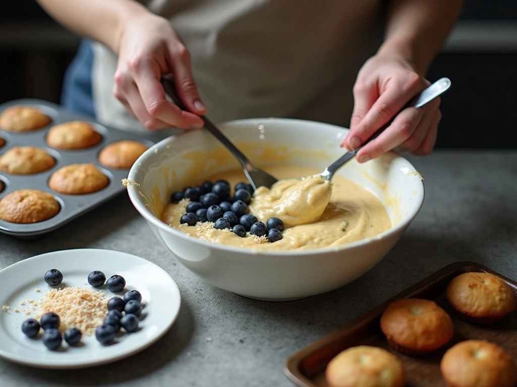 Folding blueberries into muffin batter before baking