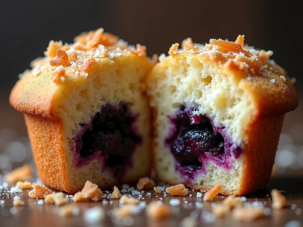 Close-up of tender blueberry muffin crumb and toasted coconut