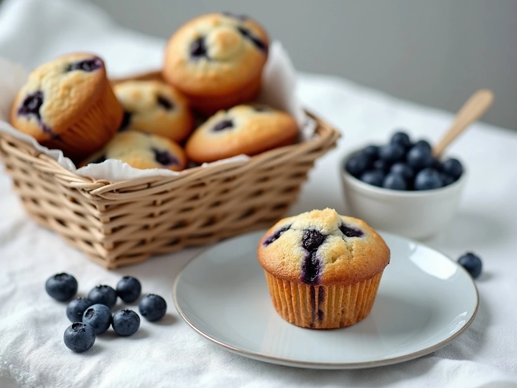 Blueberry muffins served with yogurt and fresh blueberries