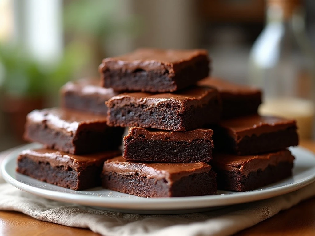 Stack of thick fudgy Lunch Lady Brownies with chocolate frosting