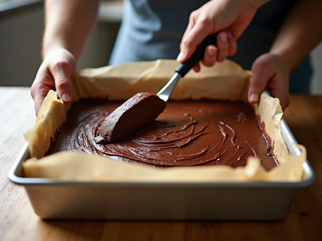 Spreading thick brownie batter in a prepared baking pan