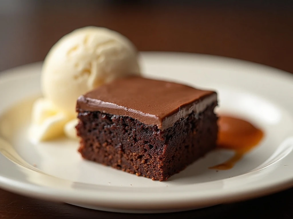 Frosted brownie served with vanilla ice cream