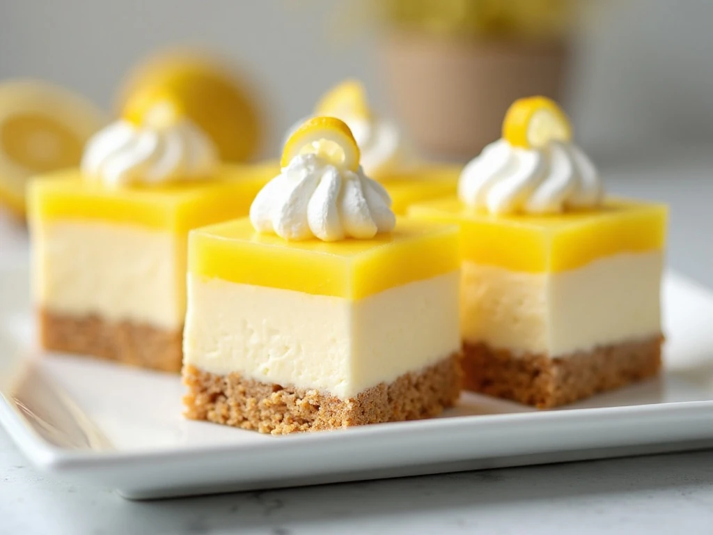 Slices of luscious four-layer lemon dessert on a serving platter