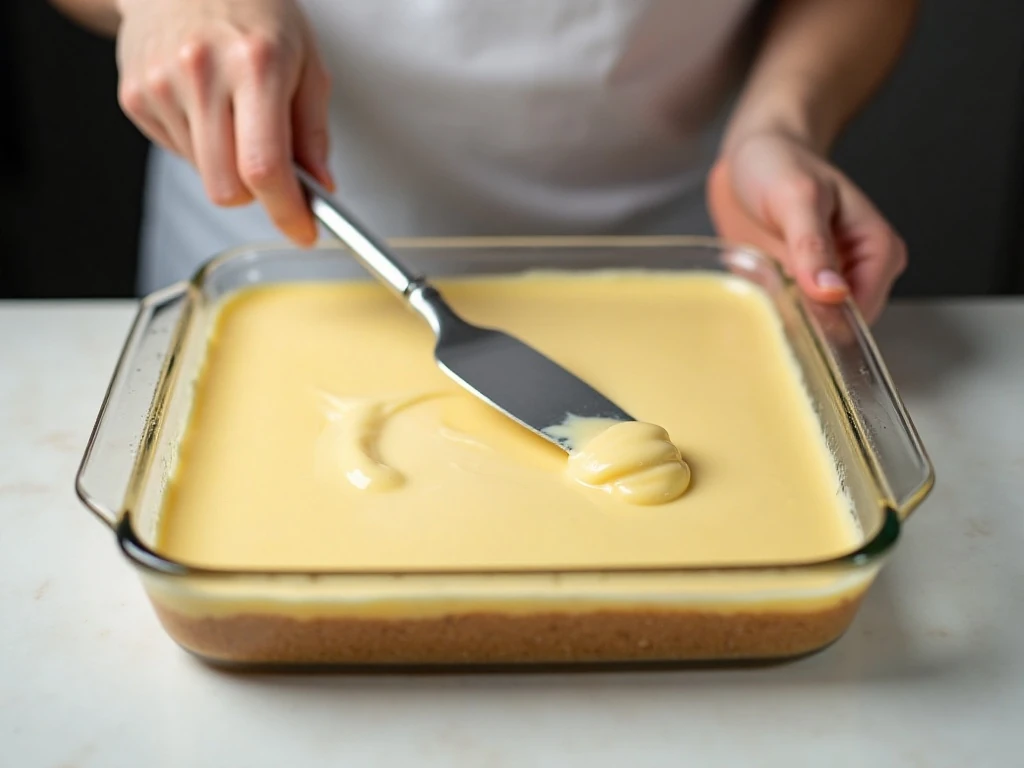 Spreading lemon pudding over the cream-cheese layer