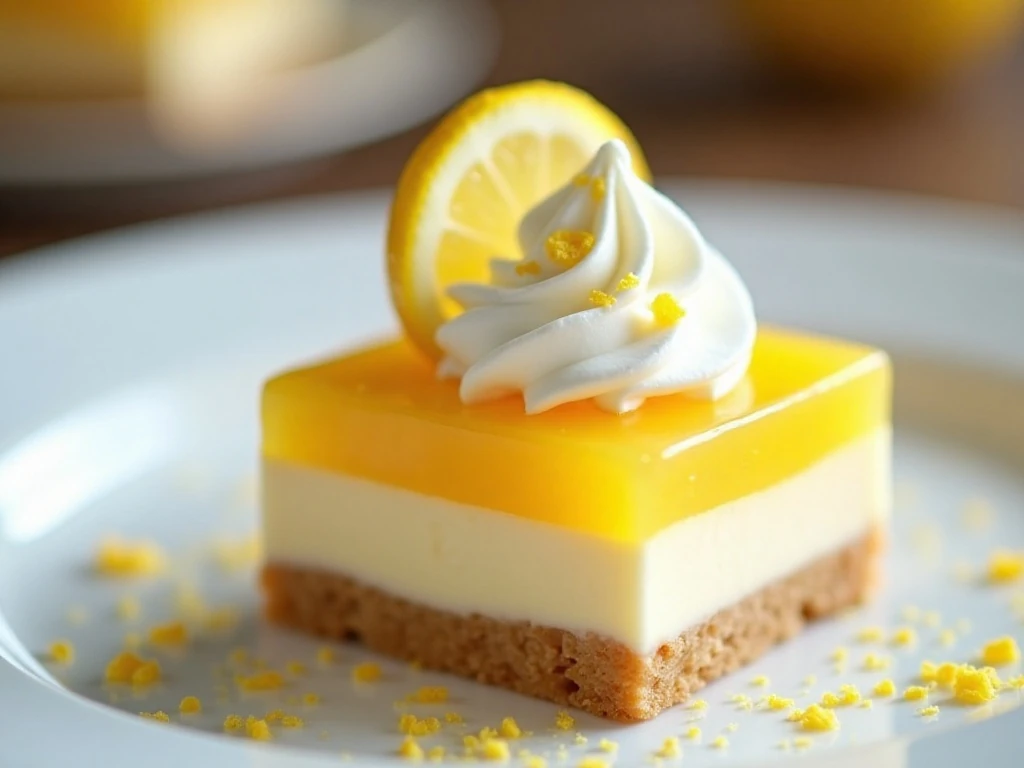 Chilled lemon dessert square garnished with lemon zest