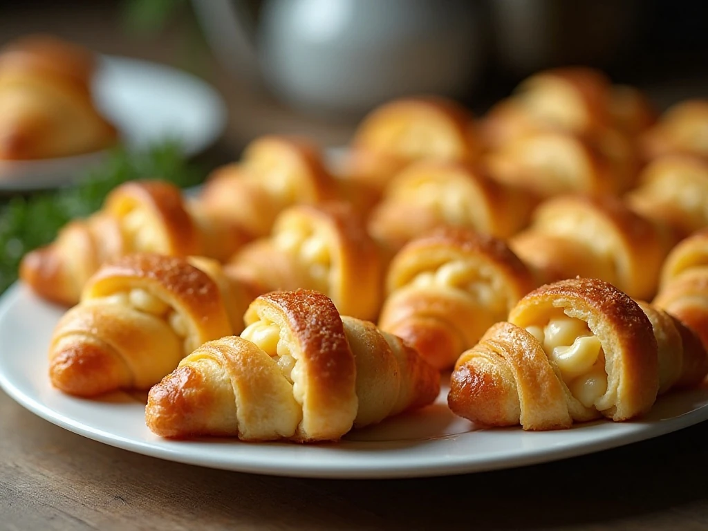 Golden macaroni and cheese crescent bombs arranged on a platter