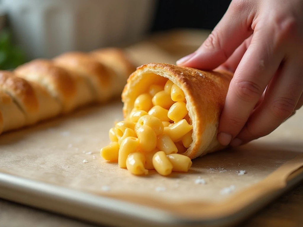 Filling crescent dough triangles with macaroni and cheese
