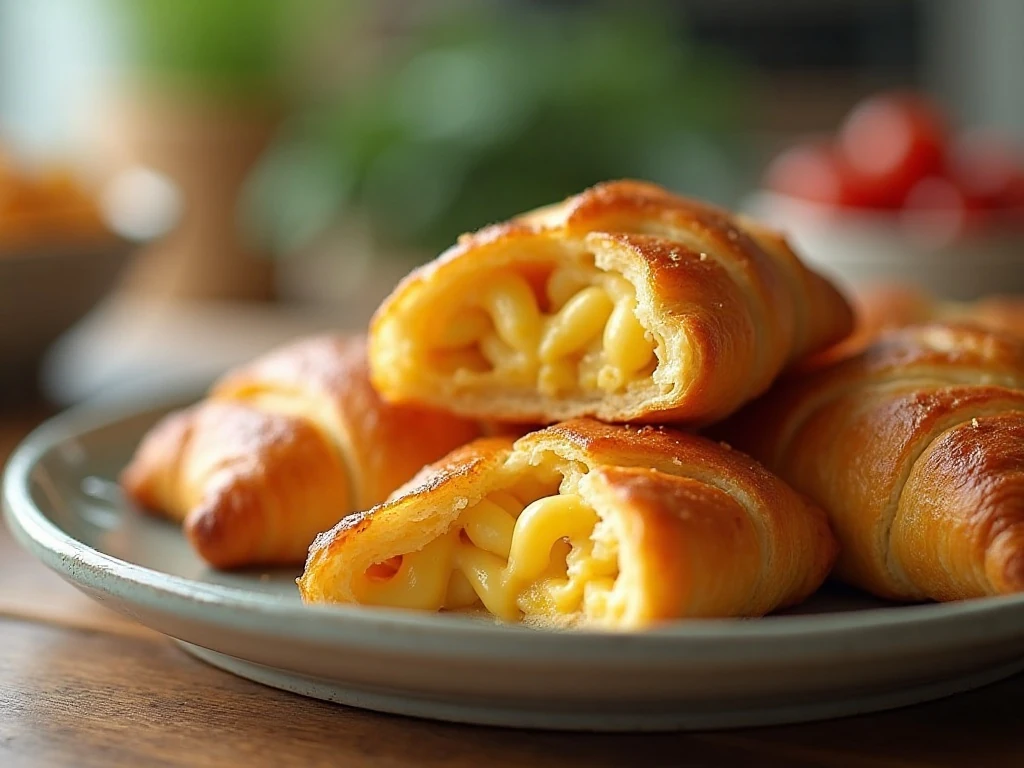 Warm reheated macaroni and cheese crescent bombs