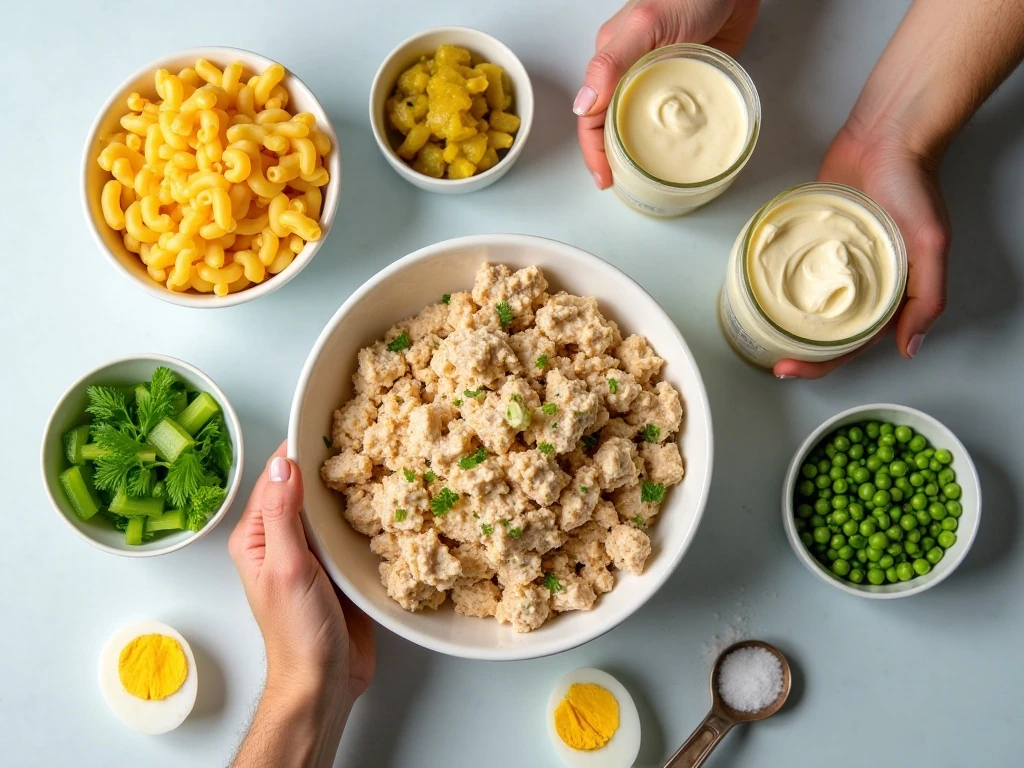 Ingredients for creamy tuna macaroni salad arranged for cooking
