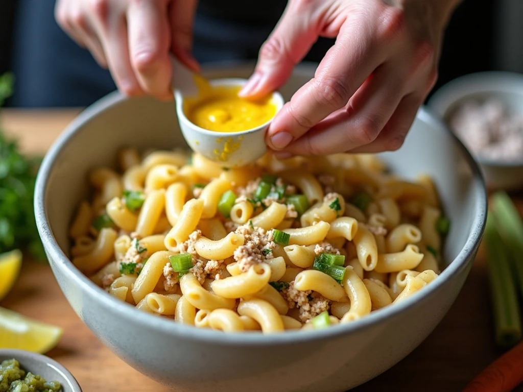 Mixing macaroni, tuna, vegetables, and creamy dressing in a bowl