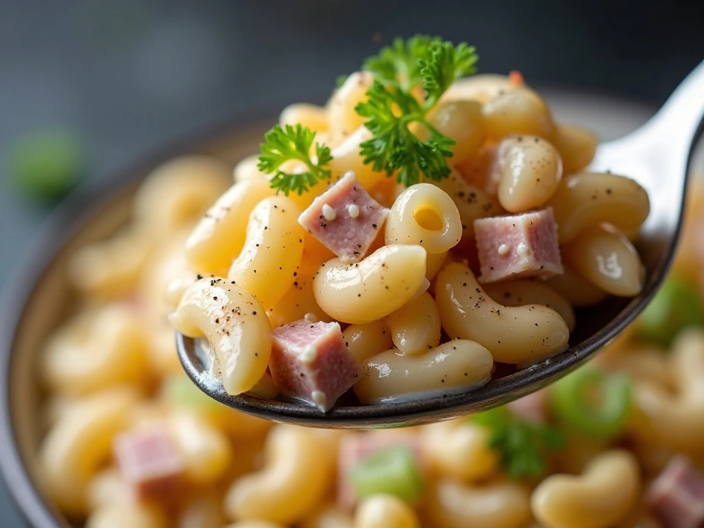 Close-up showing the creamy texture and crunchy vegetables in tuna macaroni salad