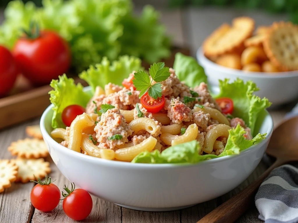 Tuna macaroni salad served as a cold picnic side dish