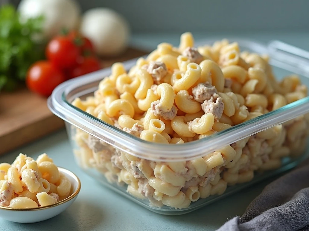 Tuna macaroni salad prepared for refrigerated storage