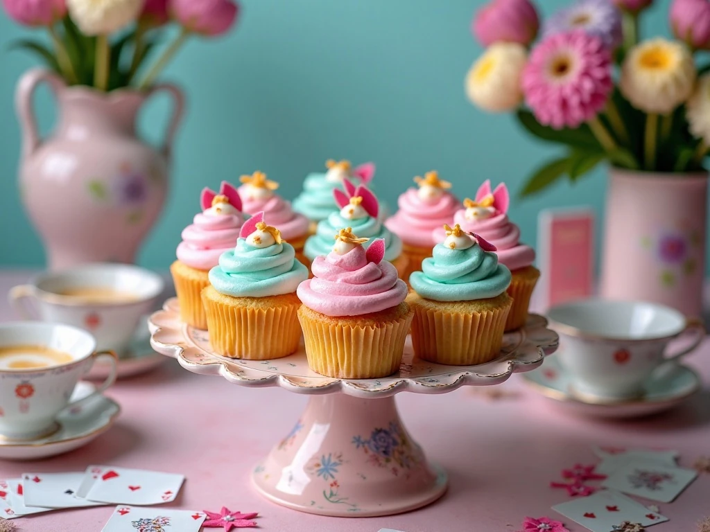 Whimsical Mad Hatter cupcakes arranged for a magical tea party