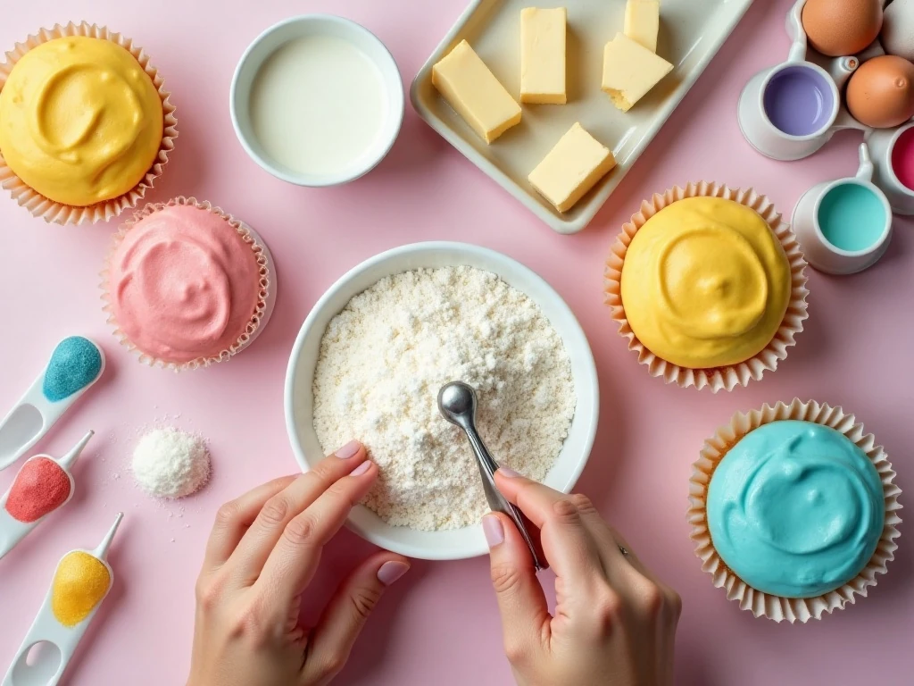 Ingredients for vanilla Mad Hatter cupcakes and colorful decorations