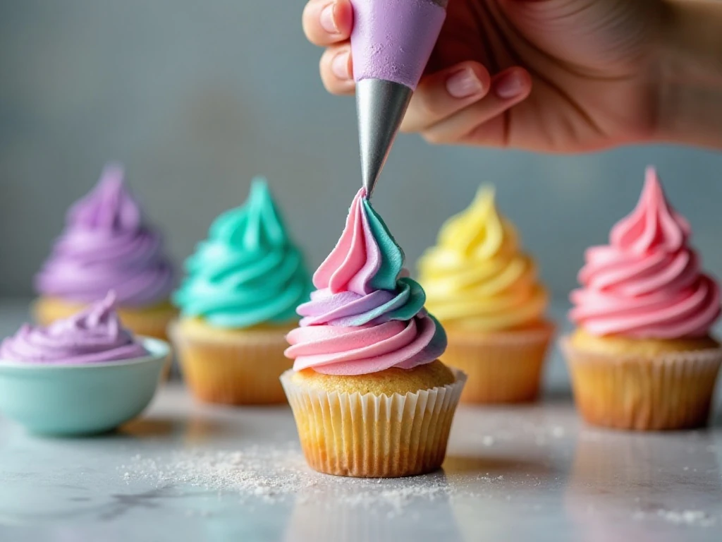 Piping colorful buttercream onto a Mad Hatter cupcake