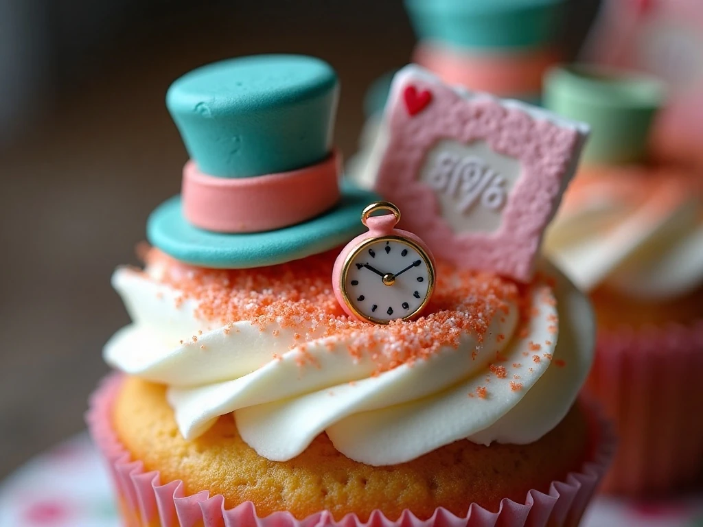 Fondant hats, clocks, teacups, and playing cards for cupcake decorating