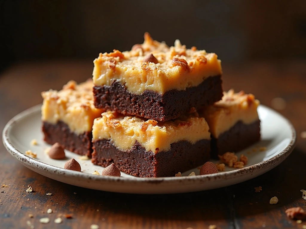 Stack of fudgy magic brownie bars with coconut, chocolate chips, and nuts