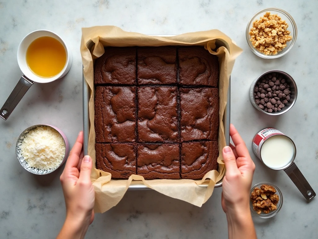 Ingredients for easy magic brownie bars arranged on a kitchen counter