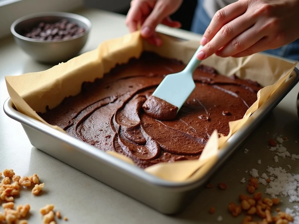Brownie batter being spread in a parchment-lined baking pan