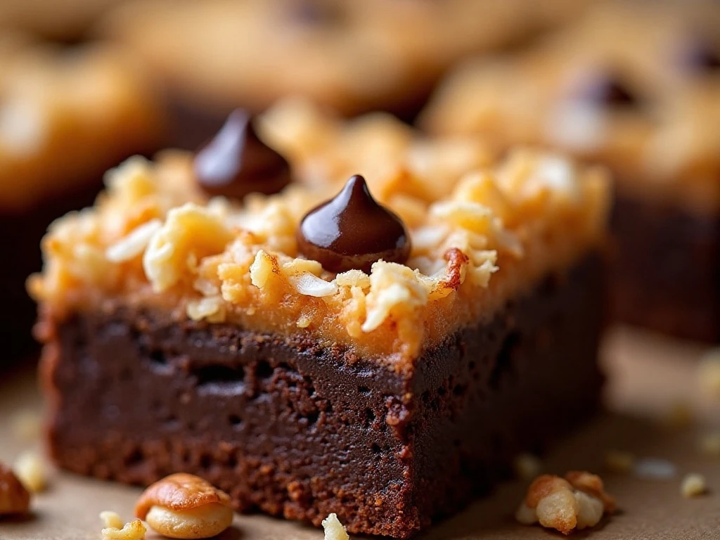 Close-up of coconut, chocolate chips, and nuts on a magic brownie bar