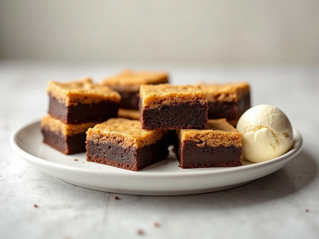 Magic brownie bars served with vanilla ice cream on a platter