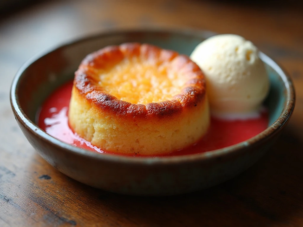Warm Magic Rhubarb Pudding Cake with vanilla ice cream