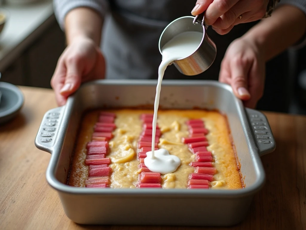 Pouring boiling water over rhubarb cake batter
