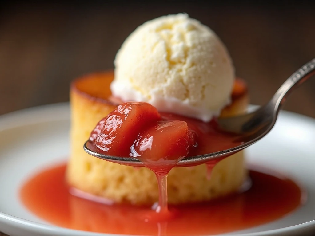 Close-up serving of rhubarb pudding cake with ice cream