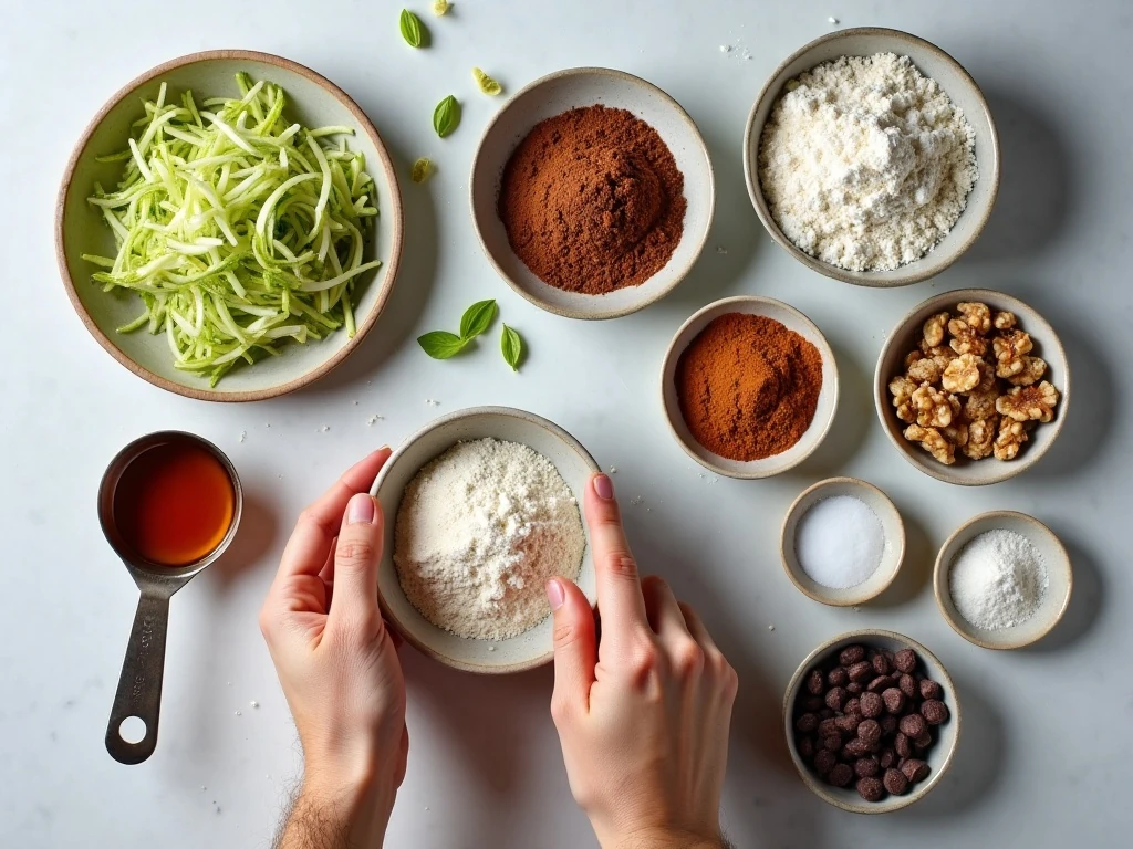 Ingredients for egg-free zucchini brownies arranged for baking