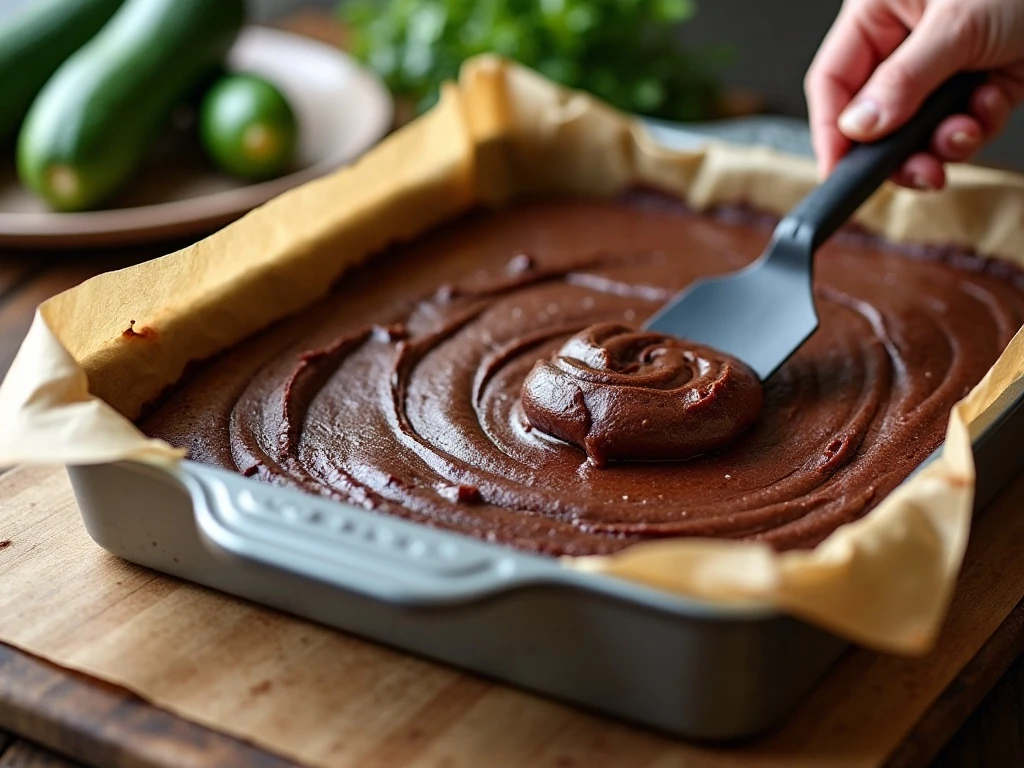 Thick zucchini brownie batter being spread in a baking pan
