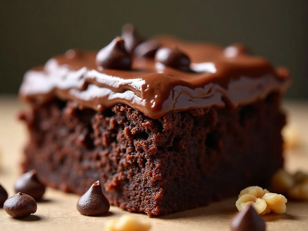 Chocolate-frosted zucchini brownie with chocolate chips and walnuts