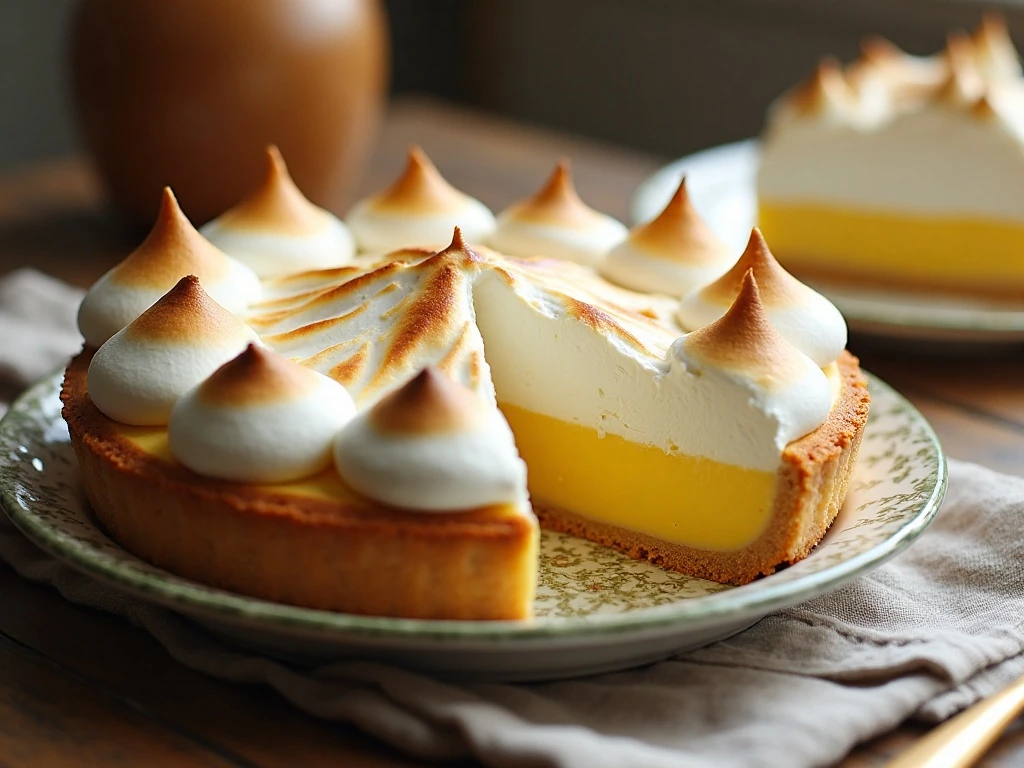 Whole homemade lemon meringue pie with one slice showing the lemon filling