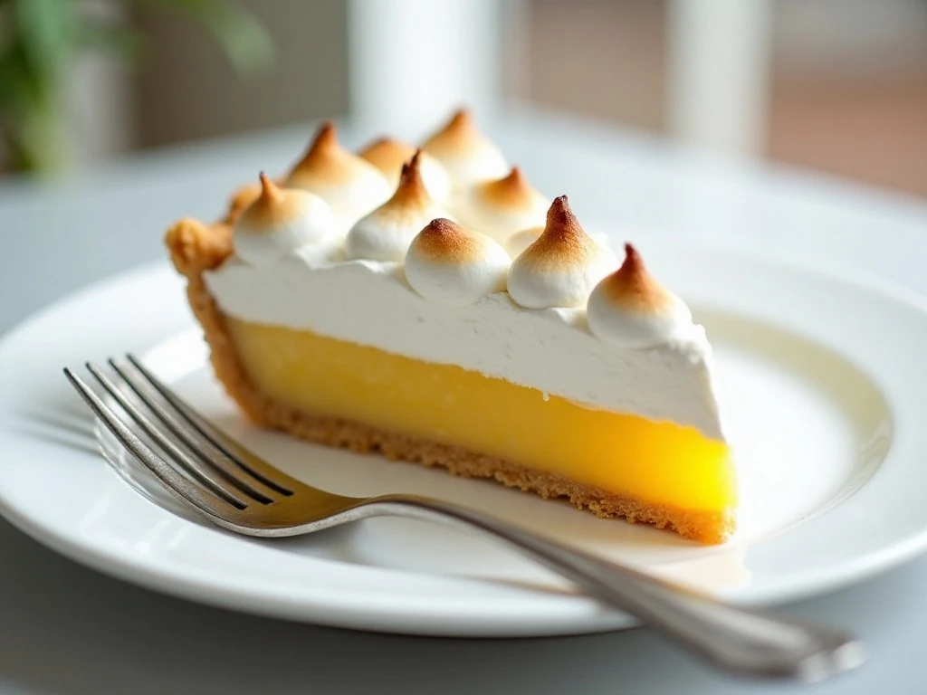 Chilled slice of lemon meringue pie showing clean layers