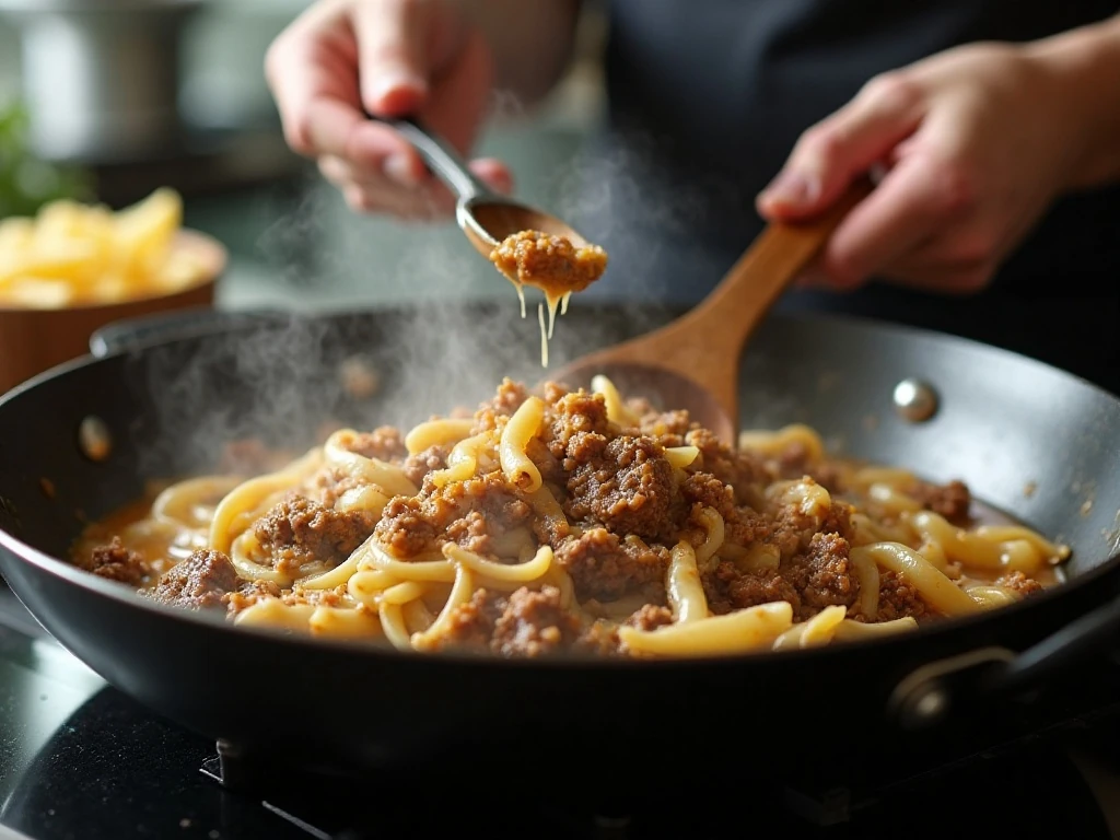 Skillet cooking process for upgraded Hamburger Helper