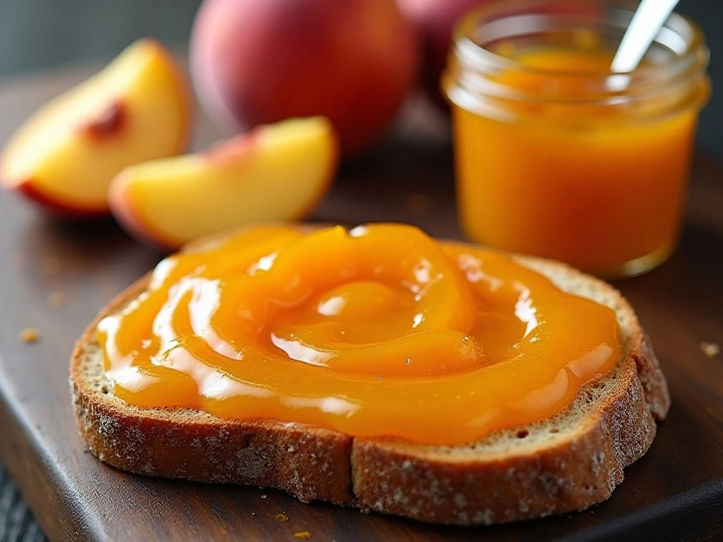 Glossy homemade peach jam served on toast
