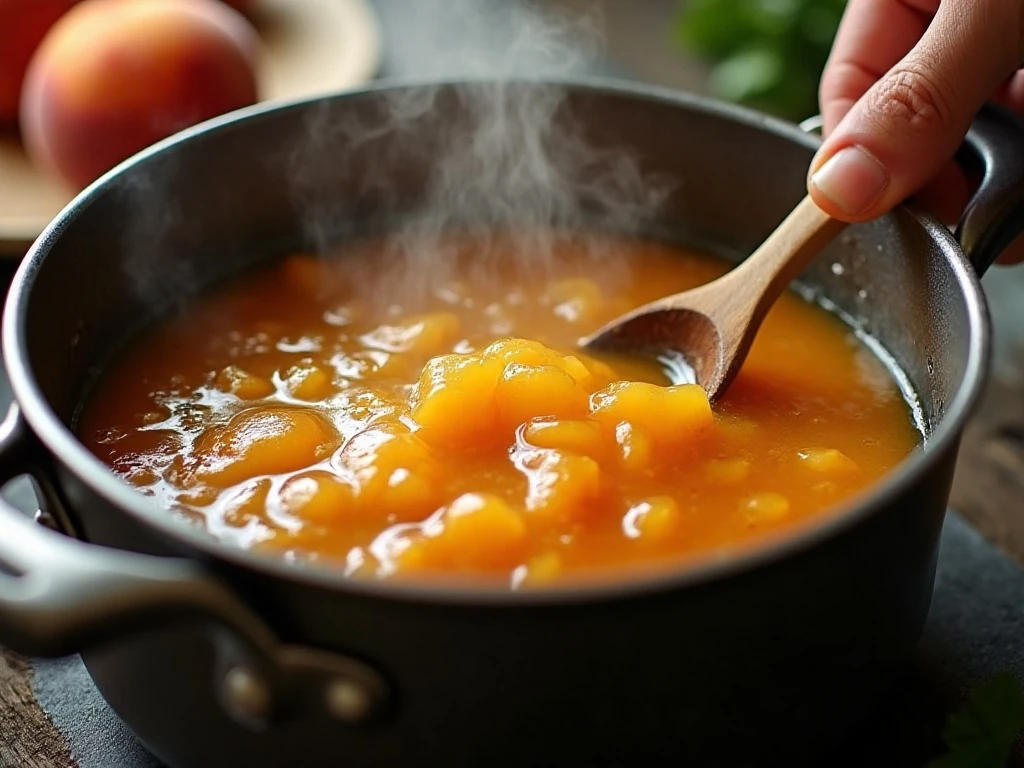 Peach jam boiling in a saucepan