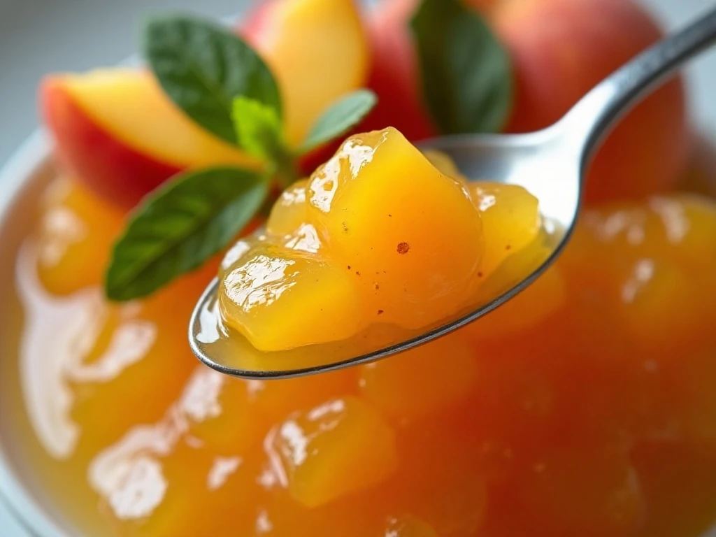 Soft glossy peach jam with fruit pieces